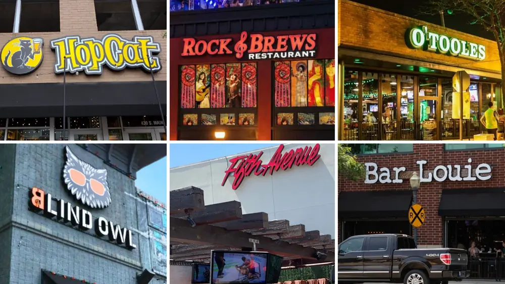The six Royal Oak watch-party venues: HopCat, Rock & Brews, O’Tooles, Blind Owl, Fifth Avenue and Bar Louie