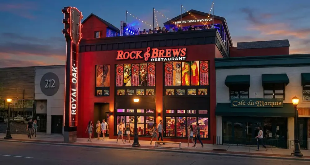 Rock & Brews restaurant at dusk: red facade with the Rock & Brews sign, a giant guitar-neck 'ROYAL OAK' sign, rooftop string lights and people on the sidewalk.